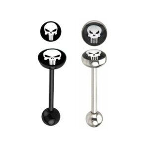 2 Punisher Logo Barbell Tongue Ring Silver and Black